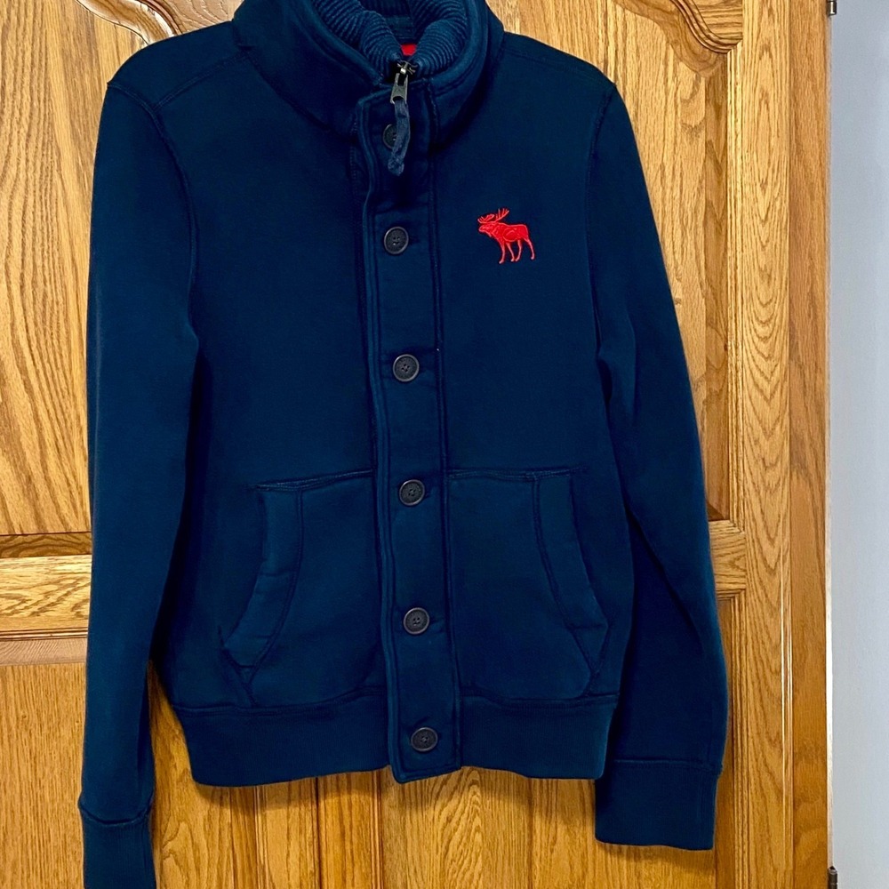 VTG Abercrombie & Fitch Jacket Mens M Navy Blue Red Fleece Lined Mock Neck Moose